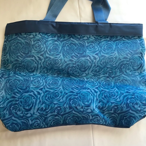 Turquoise Floral Mesh Beach Bag/Tote Bag/Shopping Bag/Shopping Tote - Picture 4 of 8